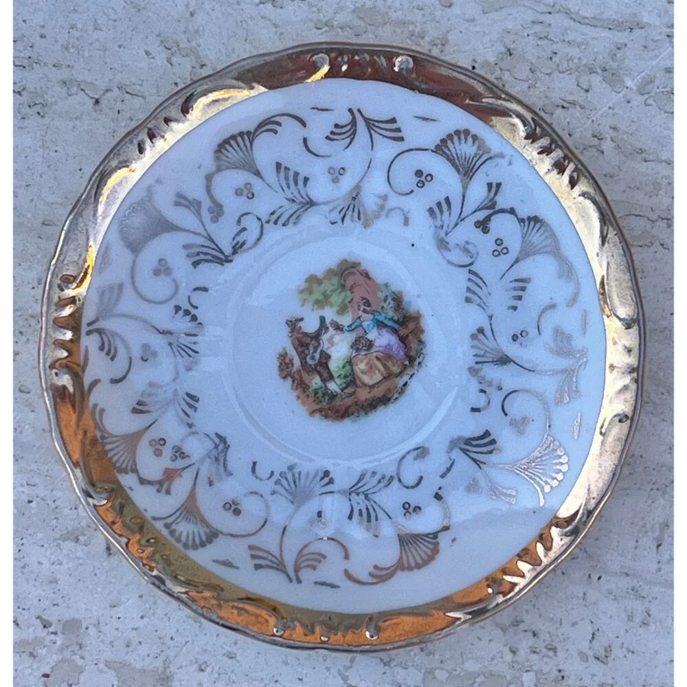Bavarian Demitasse Teacup & Saucer Gold Trim With Romantic Scene VTG Porcelain